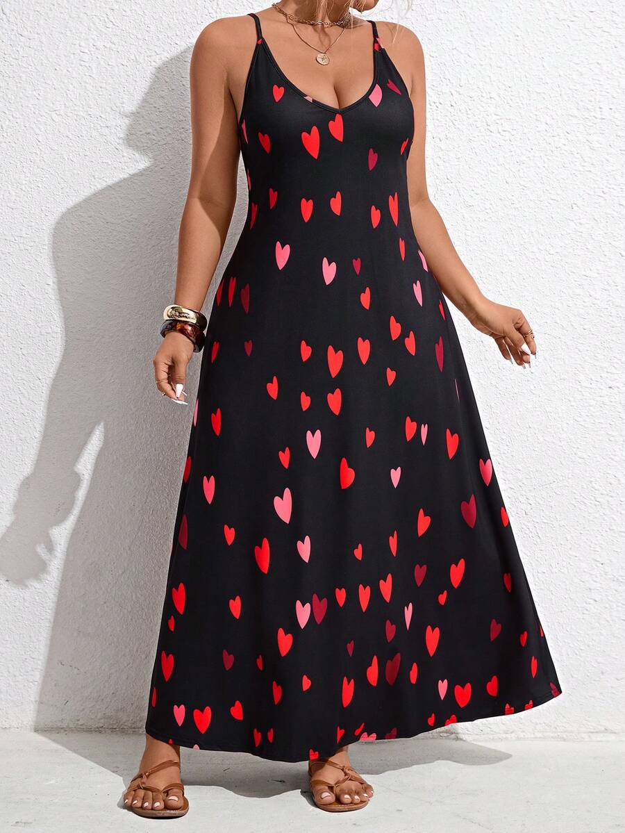 EMERY ROSE Plus Size Women's Valentine Day Heart Strap Maxi Dress, Black And Red Print Loose Strap Long Dress,Casual Summer Travel Date Wear - Multicolor - View 1