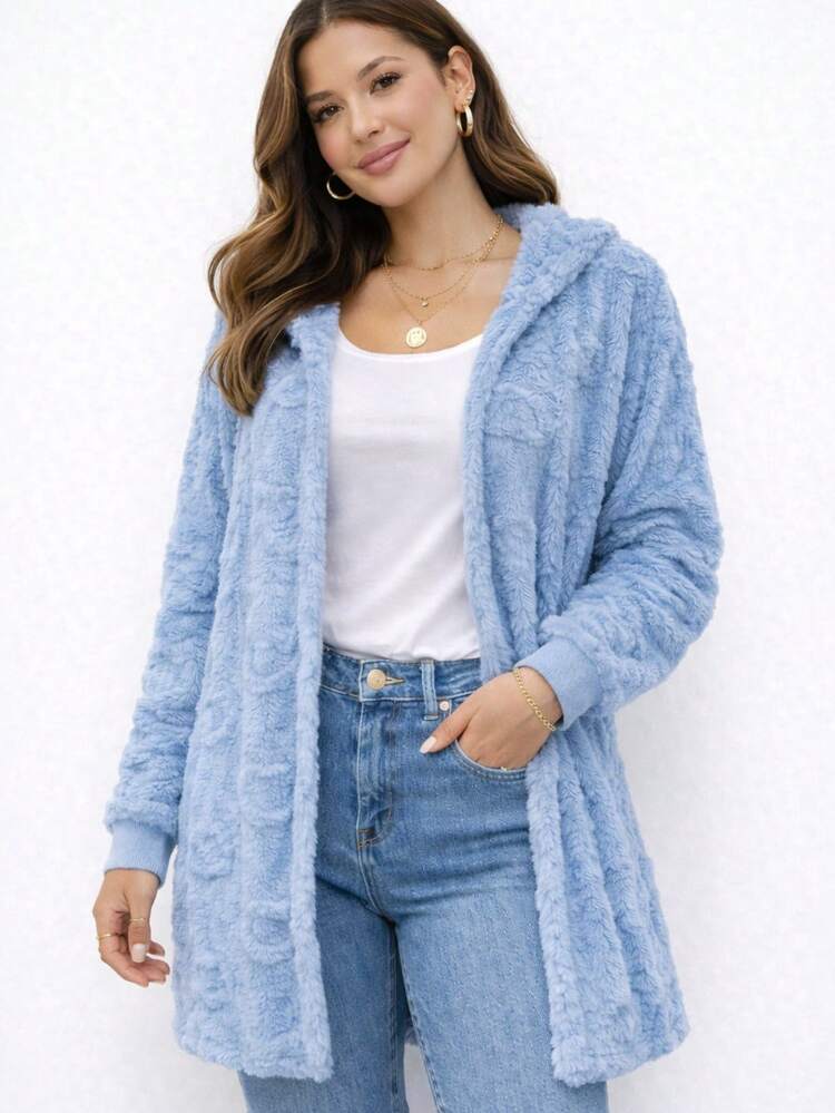 Abrigo Ligero Delgado Calentito De Peluche con Puño, de uso diario, informal otoño invierno, casual con capucha corazones - Azul - Añade 1