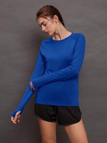 Activina Camiseta casual de fitness con mangas raglán de unicolor para mujer - Azul - Ver 3