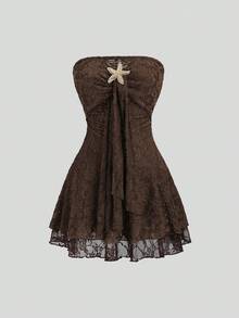 Sweetra 女士复古性感修身蕾丝提花休闲舒适优雅高端户外棕色连衣裙，春季 - 棕色 - 查看 2