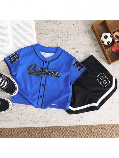 SHEIN 2pcs Baby Boy/Girl Letter Print V-Neck Short Sleeve Top And Elastic Waist Shorts Set