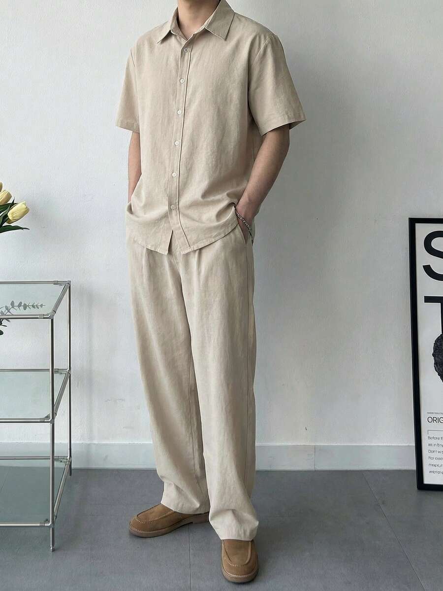 DAZY Bộ áo sơ mi nam màu trơn chất liệu giả lanh, thích hợp cho kỳ nghỉ xuân/hè. - Màu Khaki - Xem 1