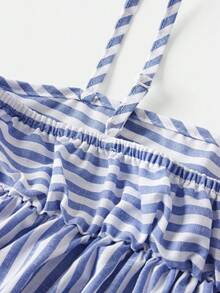 Firerie Kids Firerie Kids 少女无袖方领条纹荷叶边夏季吊带背心套装 - 藍白色 - 查看 5