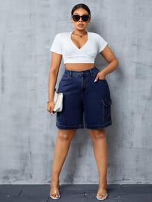 SHEIN CURVE+ Plus Size Women's Cargo Pocket Casual Versatile Denim Shorts - Blue - View 3