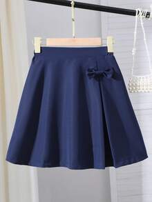 SHEIN Girls' Casual Minimalist Fashion Side Bow Skirt, Navy Blue Waist Skirt With Bowknot Design On Side, Suitable For Commuting And Daily Activities - Navy Blue - View 1
