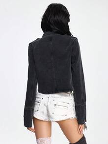 ROMWE Grunge Punk Áo khoác denim rách kiểu cổ điển với khóa kim loại phong cách punk hàng hải. - màu đen - Xem 3