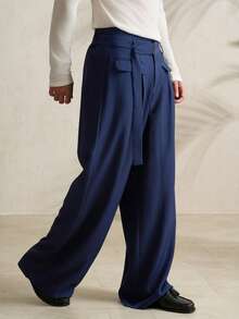 Manfinity Dauomo 男士纯色休闲装饰腰带裤，百搭 - 藏蓝色 - 查看 3