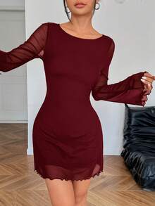 SHEIN EZwear Đầm ngắn tay xòe eo lưới màu đỏ tía mới dành cho nữ - Màu Đỏ Sâu - Xem 4