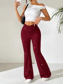 SHEIN EZwear Women's Fashion Criss-Cross Waist Shiny Flare Pants - Burgundy - View 4