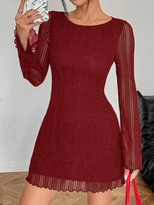 SHEIN EZwear Đầm ngắn lưới dệt kim màu đỏ dành cho nữ, thích hợp cho ngày Valentine. - Đỏ - Xem 3