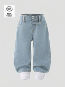 SHEIN Playful Pals Quần jean ống rộng cạp chun cho bé gái - Rửa nhẹ - Xem 6