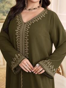 Al Najma Plus Size Women's Embroidered V-Neck Turkish Maxi Dress, Arabic Traditional Long Robe - Army Green - View 1