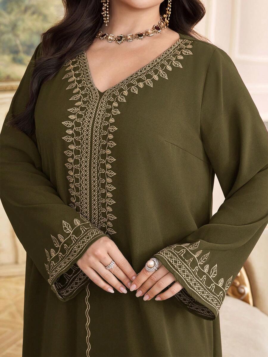 Al Najma Plus Size Women's Embroidered V-Neck Turkish Maxi Dress, Arabic Traditional Long Robe - Army Green - View 1