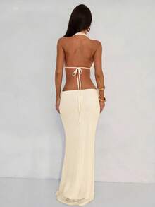 Aloruh Women's Vacation Deep V Starfish Solid Color Textured Halter Backless High Slit Dress, Suitable For Weddings, Vacations, Dates, Beach - Apricot - View 3