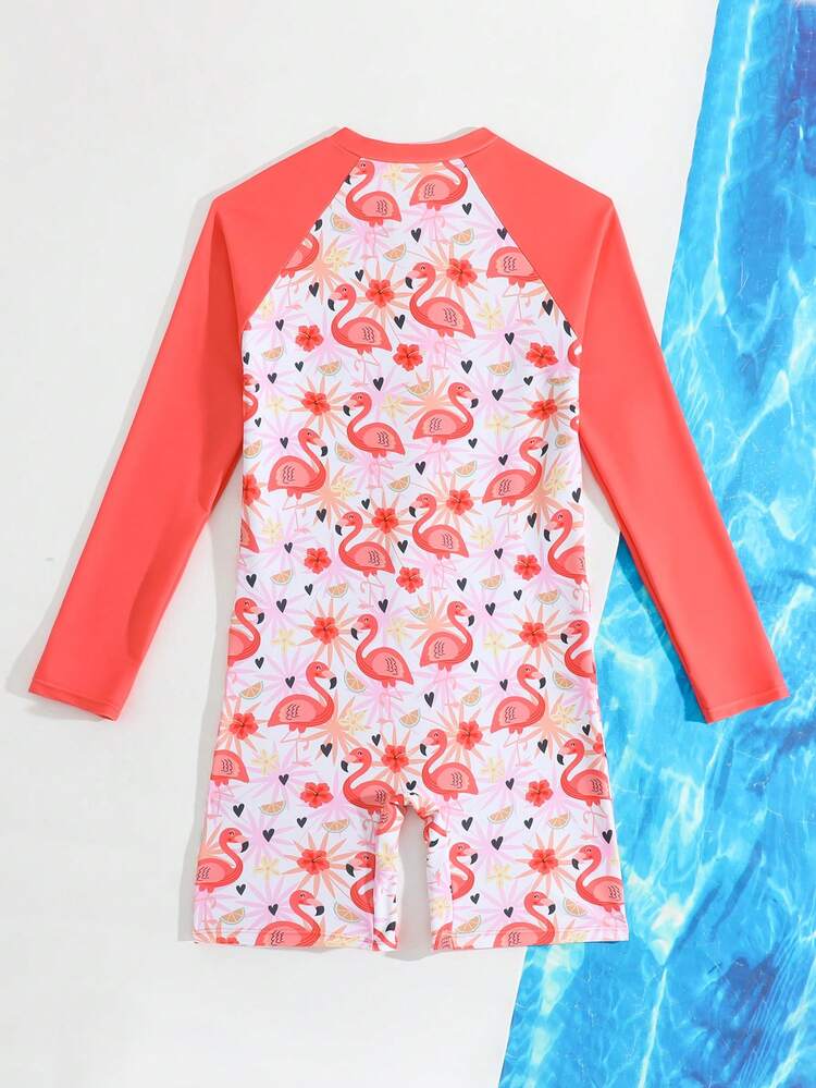 SHEIN Traje de baño con protección UV de manga larga con estampado de flamencos para niñas pequeñas/bebés - Multicolor - Añade 2