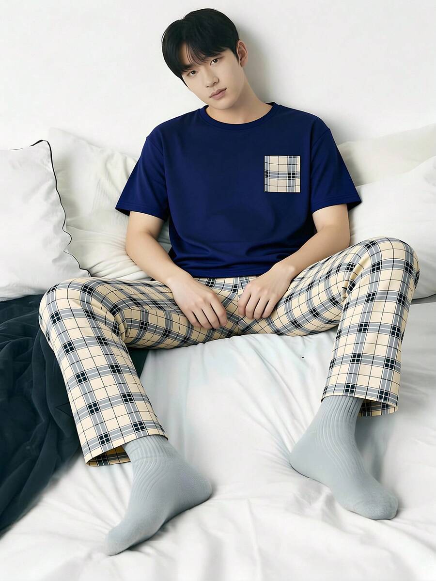 男士格子衬衫长裤两件套，青少年男孩休闲家居服 - 藏蓝色 - 查看 1