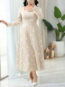 Modelyn Đầm công sở cổ điển thanh lịch chất liệu jacquard dành cho nữ - Màu Khaki - Xem 3