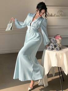 DAZY Bộ đồ nữ thanh lịch gồm áo sơ mi và chân váy xếp ly màu trơn, thích hợp cho mùa hè, xuân, dự tiệc cưới. - Màu xanh lam - Xem 4