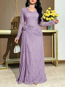Modelyn Women's Elegant Solid Color Lace 3D Floral Decor Mid-Length Dress - Dusty Purple - View 5