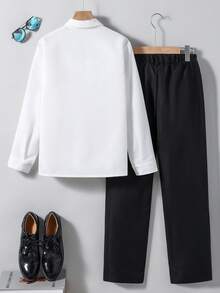 2 pièces/Set Chemise et pantalon bleu clair minimaliste décontracté pour garçons. Tenue de gentleman, convient pour le port quotidien, les occasions formelles et les rassemblements - Noir - Voir 2