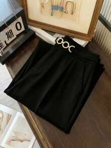 Franclia 时尚高腰休闲直筒裤，宽松腰部装饰纽扣垂褶阔腿裤，女士款 - 黑色 - 查看 3