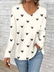 EMERY ROSE Plus Size Women's Loose V-Neck Long Sleeve T-Shirt With Minimalist Heart Print,Vacation/Summer/Spring - Multicolor - View 3