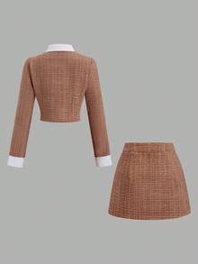 Sweetra American Elegant Low-Key Fashion Design Women's Single-Breasted Jacket And Midi Skirt 2 Pieces Set, Autumn/Winter - Brown - View 2