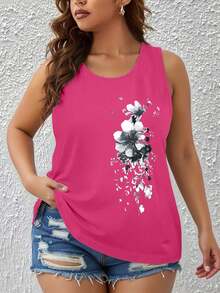 EMERY ROSE Blusa de tirantes con cuello redondo, estampado floral, versátil, para mujer de talla grande - Rosa Fucsia - Ver 1