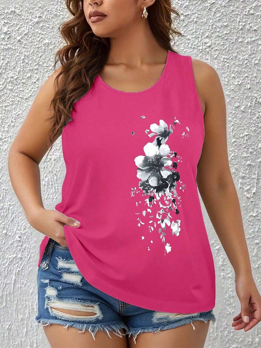 EMERY ROSE Blusa de tirantes con cuello redondo, estampado floral, versátil, para mujer de talla grande - Rosa Fucsia - Ver 1