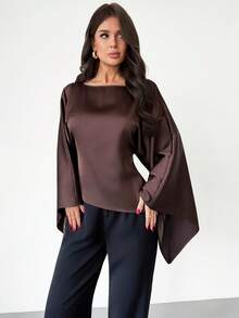 Firerie Women's New Elegant Romantic Casual Urban Commute Elegant Fashion Versatile Coffee Brown Round Neck Batwing Long Sleeve Tie-Waist Irregular Hem Regular Fit Blouse, Suitable For Teachers, Autumn/Winter/Spring - Brown - View 4
