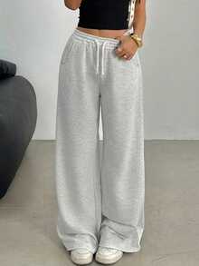 Teen Girls Casual Loose Fit Low Waist Elastic Waistband Wide Leg Sweatpants, Suitable For Spring, Summer, Autumn And Winter - Light Grey - View 3