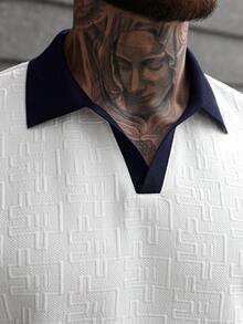 Manfinity CasualCool 男士對比領短袖紋理 Polo 衫，白色夏季休閒城市度假 V 領針織正身長度拼色通勤毛衣襯衫，正式款 - 白色 - 查看 7