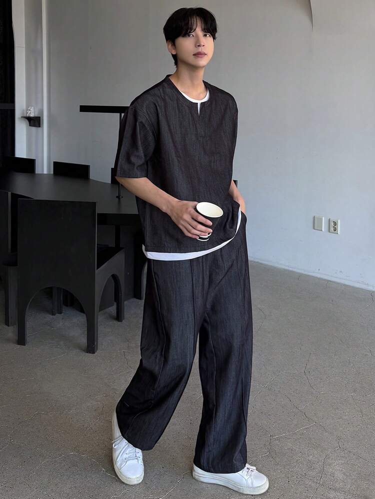 Men's Short Sleeve T-Shirt And Pants Set, Black 2 In 1 Design, Spring/Summer