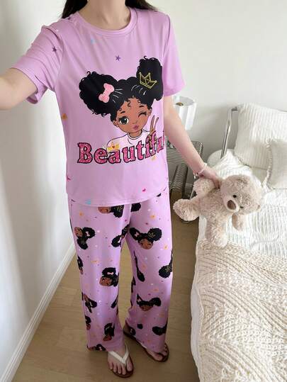 SHEIN Teen Girl Cartoon Girl Print Knit Short Sleeve Top And Pajama Pants Sleepwear Set
