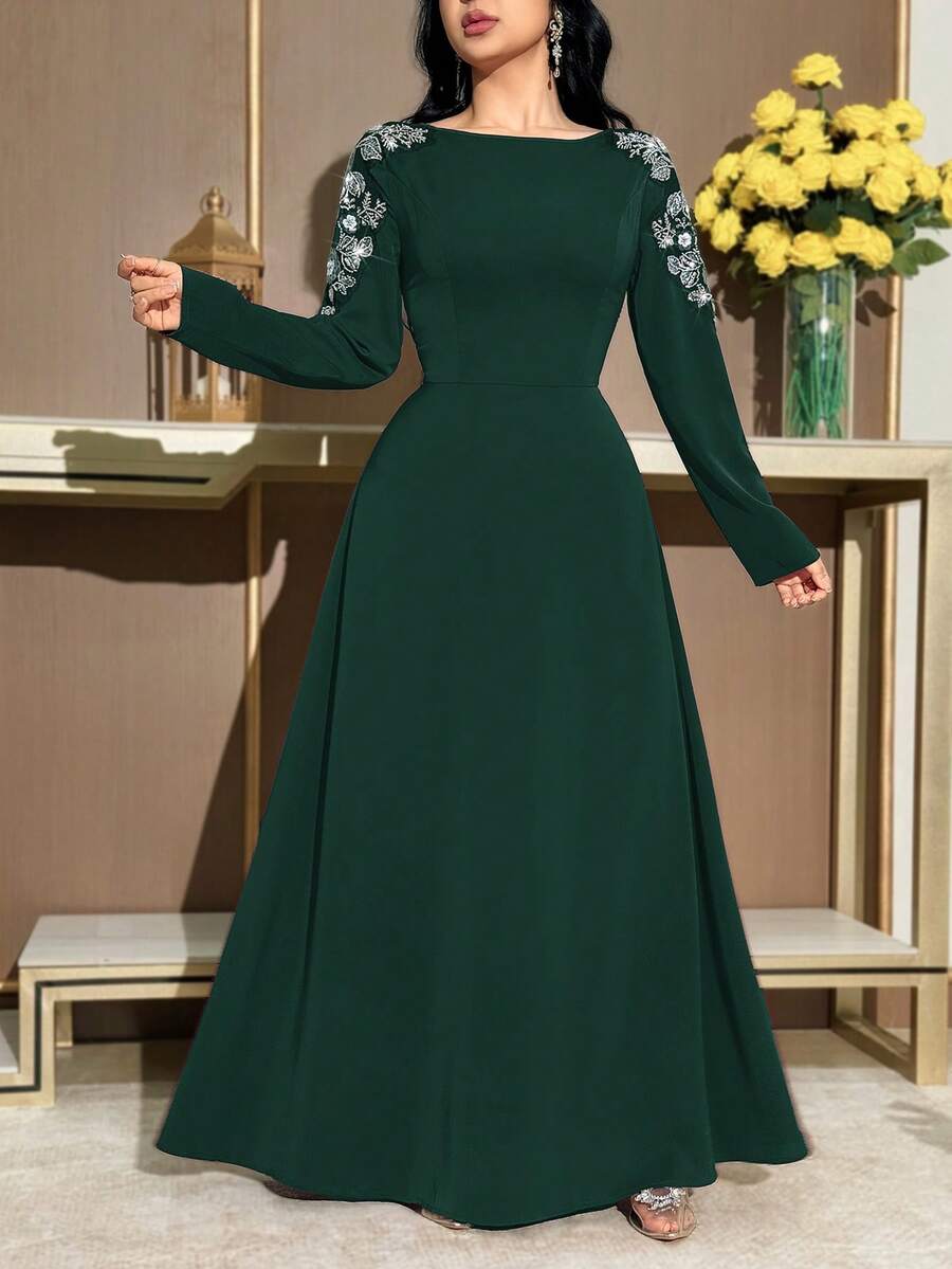 Modelyn 女士串珠花卉装饰V领优雅派对连衣裙 - 墨綠色 - 查看 1