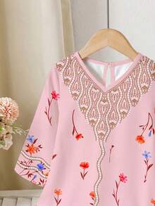 女童碎花宽松长袖休闲连衣裙 - 彩色 - 查看 4