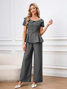 Ellevyn 1 Set Off-Shoulder Blazer Top And Wide-Leg Pants Suit, Suitable For Commuting, Office Wear, Classic & Elegant - Grey - View 10