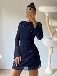 SHEIN EZwear 女士新款藏蓝色亮片露背喇叭袖迷你派对连衣裙 - 藏蓝色 - 查看 3