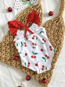新生儿樱桃印花连体泳衣，荷叶边装饰，休闲款式，适合度假和玩耍