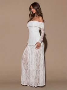 SHEIN BAE 黑色蕾丝露肩长袖连衣裙，优雅性感，适合正式场合、鸡尾酒会、浪漫约会、秋冬季叠穿、派对、夜店、婚礼、万圣节、圣诞节等场合。 - 白色 - 查看 5