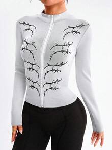 Dewbera Áo khoác thể thao nữ màu trắng không đường may kiểu Gothic, thích hợp cho chạy bộ, tập thể dục, hoạt động ngoài trời và mặc hàng ngày, mùa thu/đông. - Đen và trắng - Xem 1