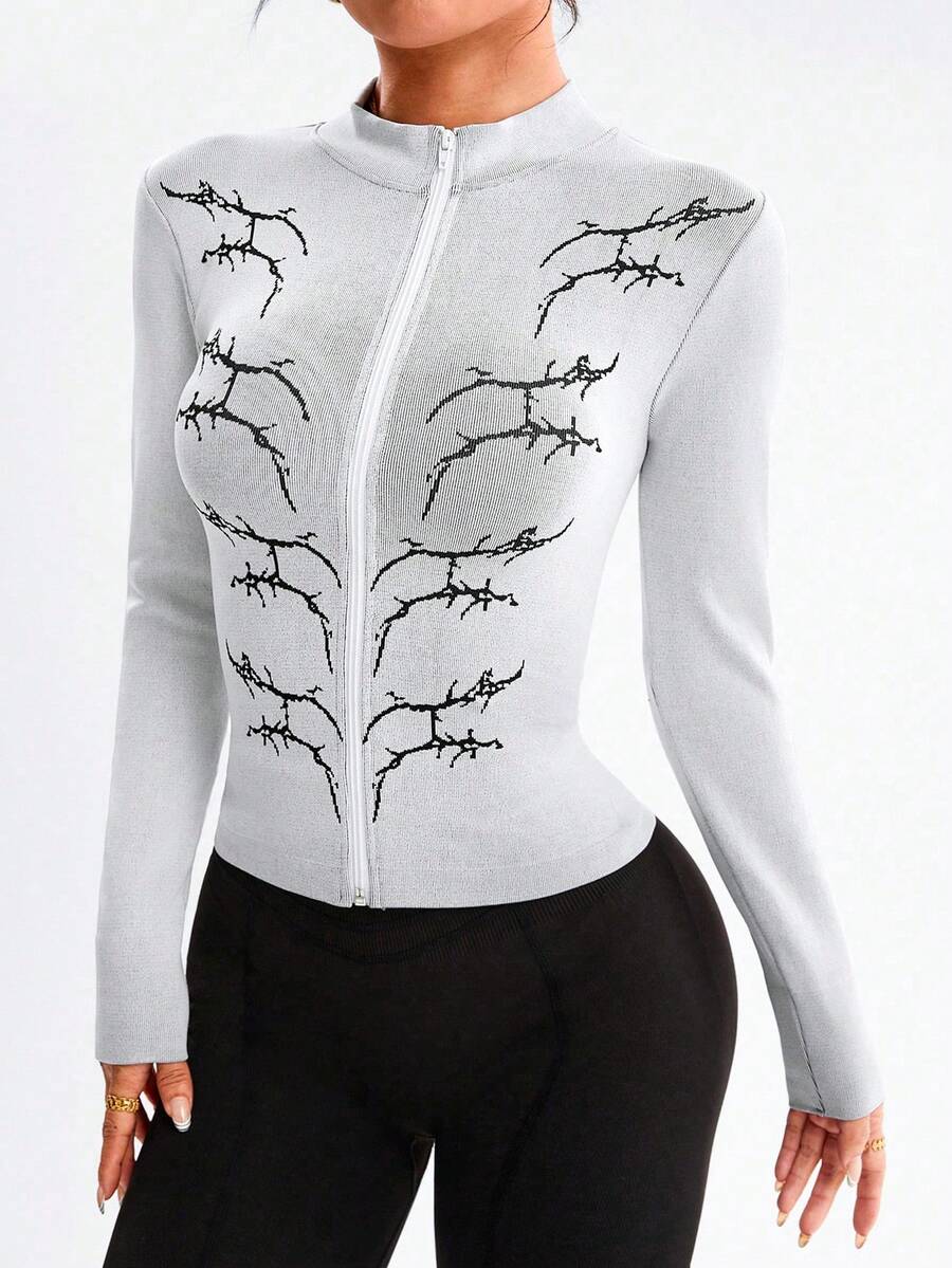 Dewbera Áo khoác thể thao nữ màu trắng không đường may kiểu Gothic, thích hợp cho chạy bộ, tập thể dục, hoạt động ngoài trời và mặc hàng ngày, mùa thu/đông. - Đen và trắng - Xem 1