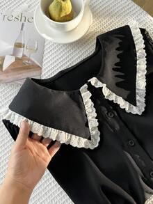 SHEIN EZwear 大码优雅刺绣单排扣荷叶领灯笼袖衬衫 - 彩色 - 查看 7