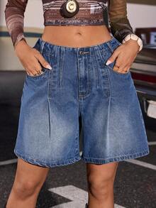 Jeanoix Y2K Light Blue Denim Wide Leg Shorts With Elastic Waist - Light Wash - View 5