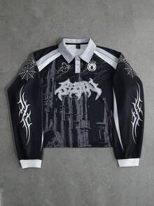 ROMWE MEN Street Life Men's Printed Button-Up Polo Shirt - Black - View 5