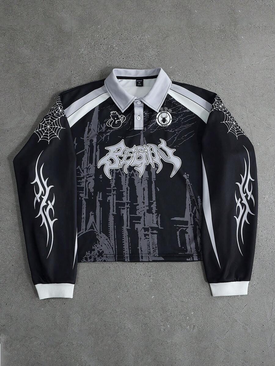 ROMWE MEN Street Life 男士印花纽扣 Polo 衫 - 黑色 - 查看 1