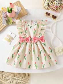 SHEIN Vintaside Kids 1件女婴可爱休闲紫色郁金香图案蝴蝶结装饰连衣裙，适合夏季、户外和度假穿着。 - 彩色 - 查看 3