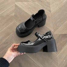 Zapatos de tacón alto de cuero para mujer de estilo japonés, modelos con tacón grueso. Zapatos retro de suela gruesa que aumentan la estatura, novedades de primavera/otoño. Zapatos Mary Jane para mujer. Mocasines para mujer. - Negro - Ver 2