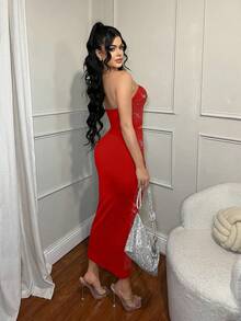 SHEIN SXY Bộ áo croptop không tay đính đá và chân váy bóng bẩy. - Đỏ - Xem 2