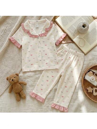 Loomiva 2pcs Baby Girl Colorful Heart Pattern Knit Soft Collar Short Sleeve Cardigan And Elastic Waist Pants Set